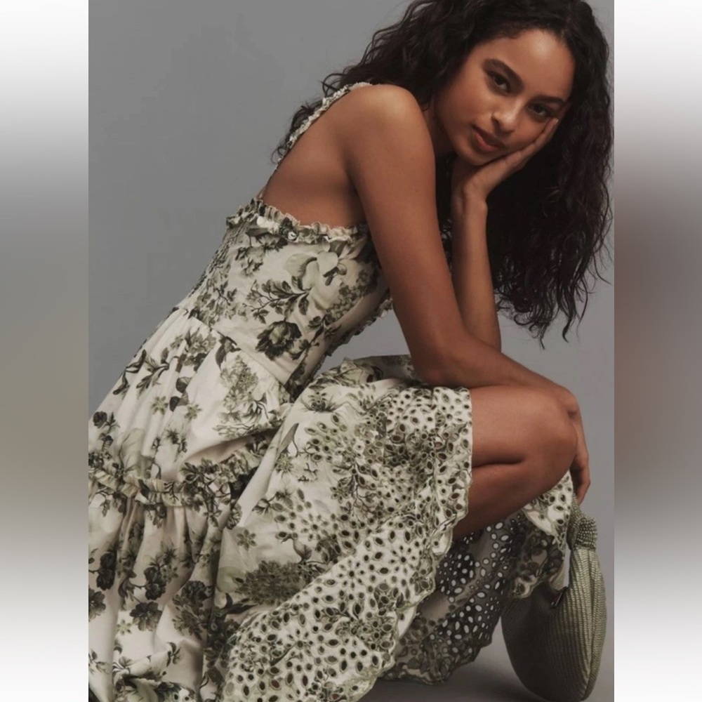 Anthropologie Sleeveless Sweatheart Maxi Dress with Olive Floral Print Sz XL - Picture 3 of 8